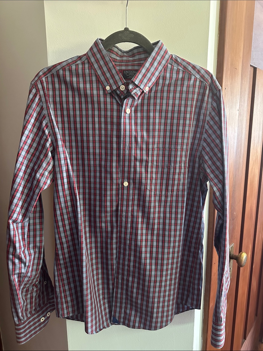 Men's Button-Down Plaid Shirt in Red and Blue